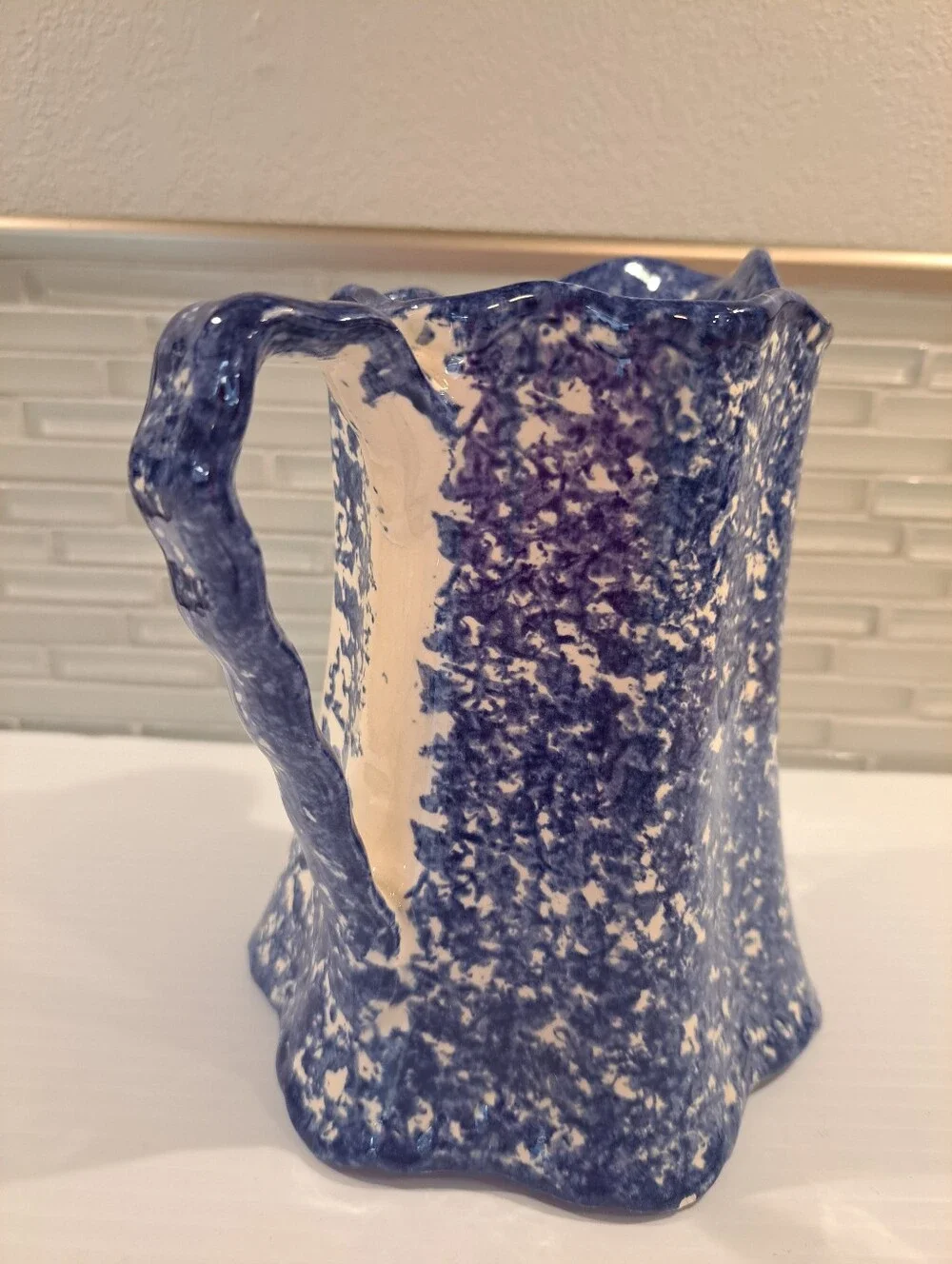 Molly Dallas Pottery Blue Spatterware Folk Art Cow Rooster Pitcher Jug Carafe